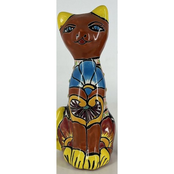 Mexican Red Clay Tabby Cat Figure Hand Painted Pottery Folk Art 7 In Tall - Picture 7 of 7